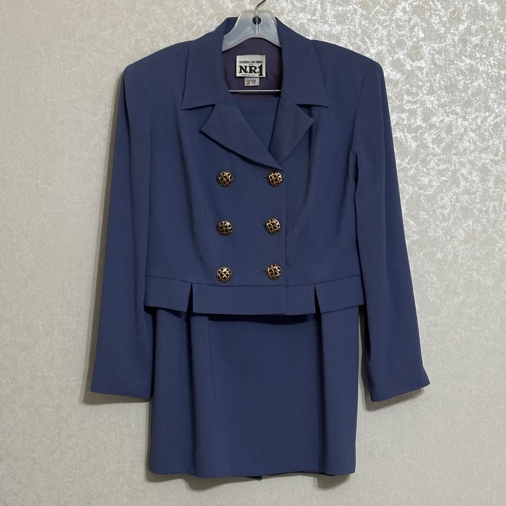 Sandra Ow-Wing NR1 Vintage Pencil Skirt Suit Set Blue Cropped Double Breasted 6